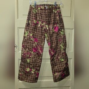 Snow Dragons Dragonflies Y2K Brown Pink Floral Checkered Snow Ski Pants